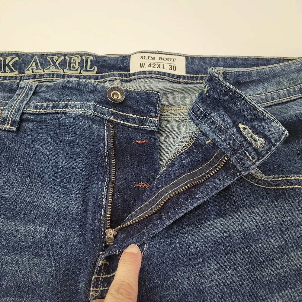 TK‎ Axel Mens Slim Bootcut Jeans 42x30 Eaton Wash Embroidered Pockets AXMB0056